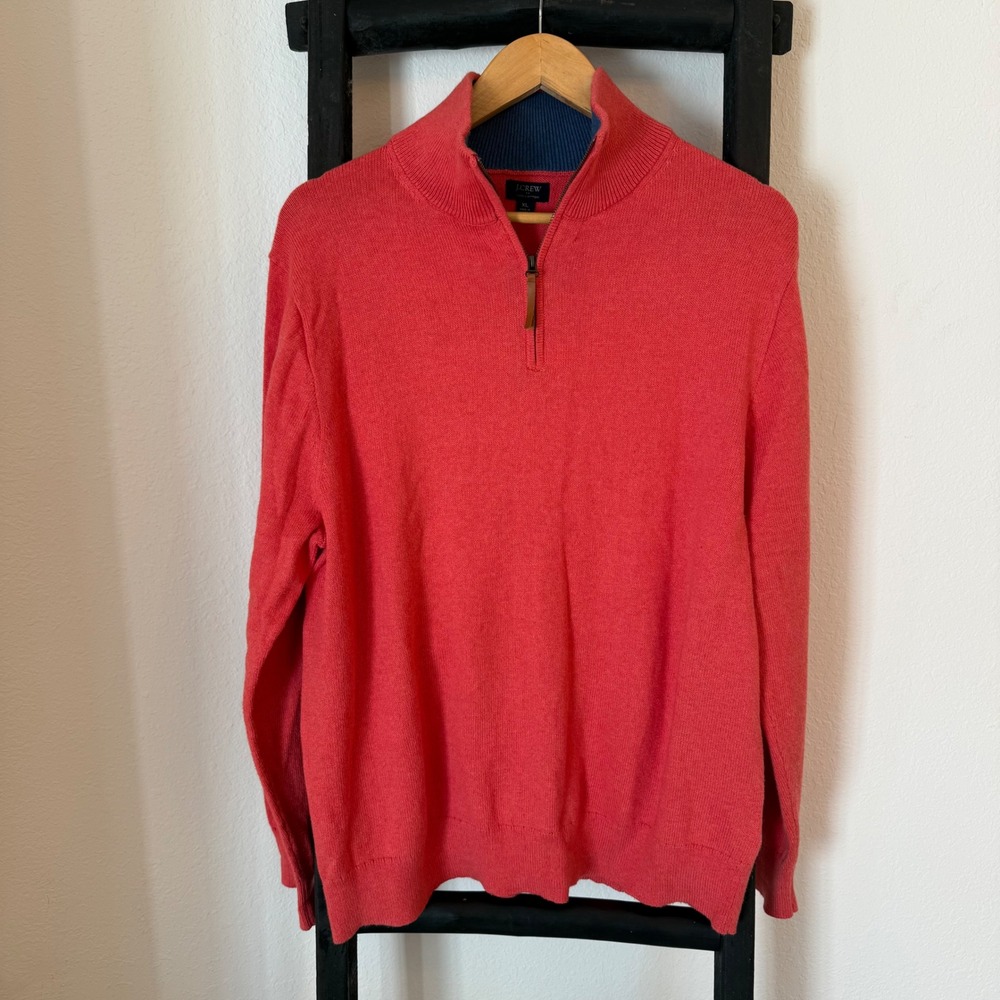 J Crew Mens XL 100% Cotton Coral Red 1/4 Zip Mock Neck Sweater‎